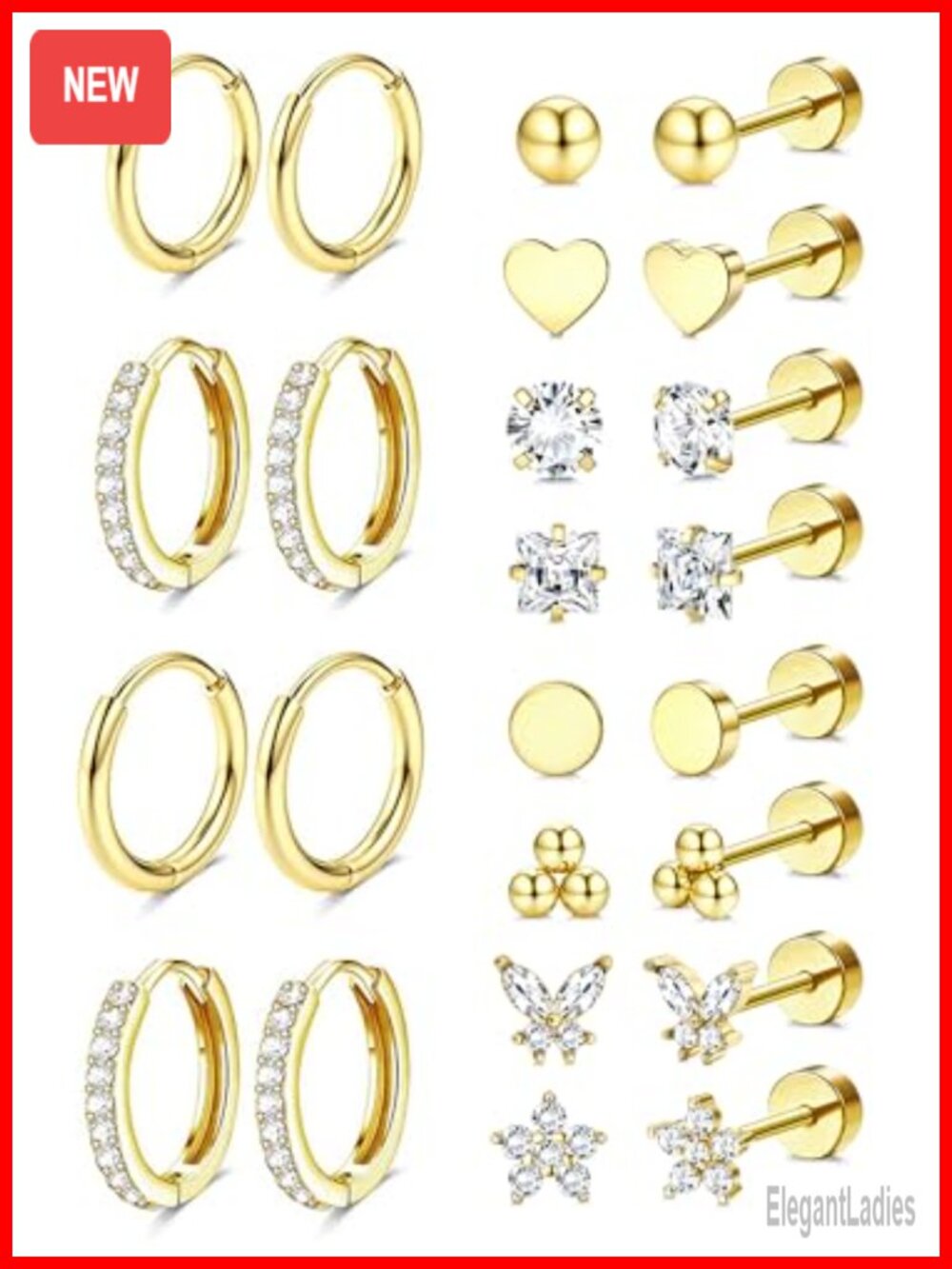 Hypoallergenic Stainless Steel Flat Back Stud Hoop Earrings Set